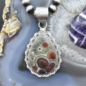 Sterling Southwestern Style Teardrop Peanut Obsidian Decorated Pendant For Women